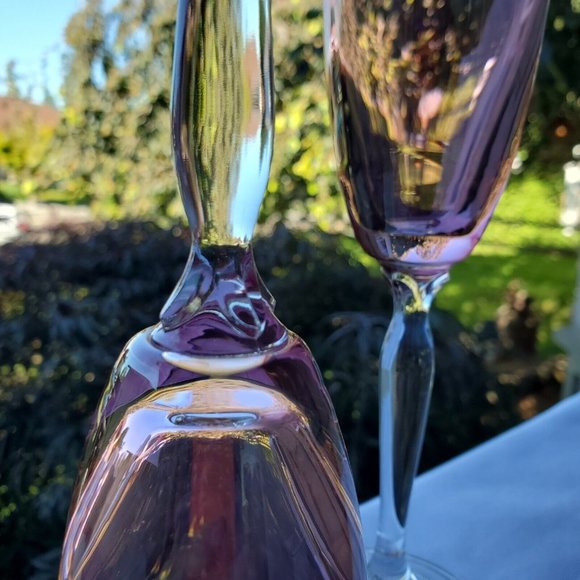 Pier 1 Iridescent Rose Pink Champagne Flutes Set flower stem top - Picture 6 of 9